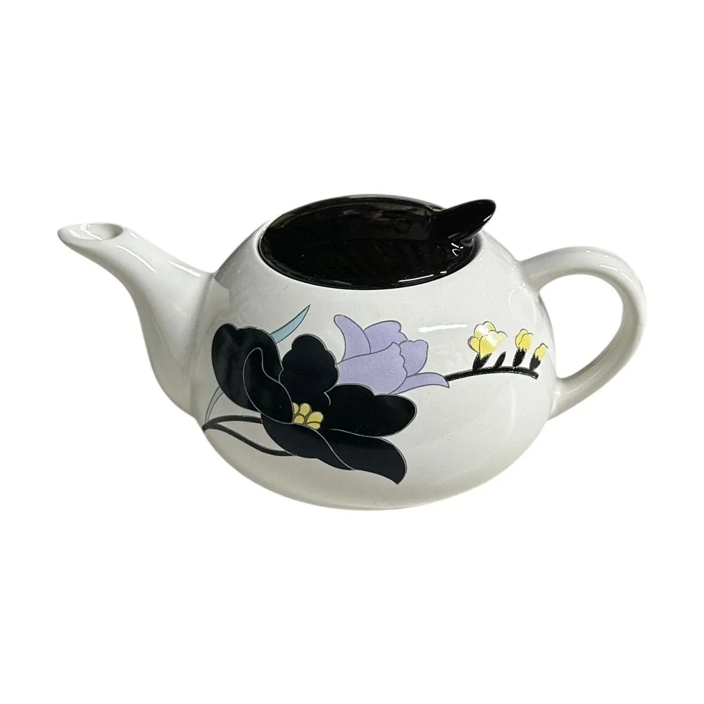 VTG Furama Ceramic Teapot Floral Black Lid White Flower Design Kitchen MCM Decor